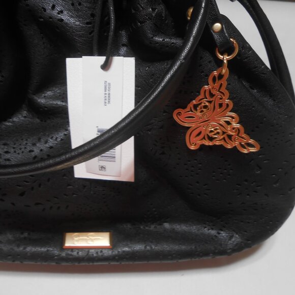 NEW BLK JESSICA SIMPSON HOLLIS HOBO FAUX LEATHER PURSE BAG GOLD BUTTERFLY CHARM - Picture 9 of 15
